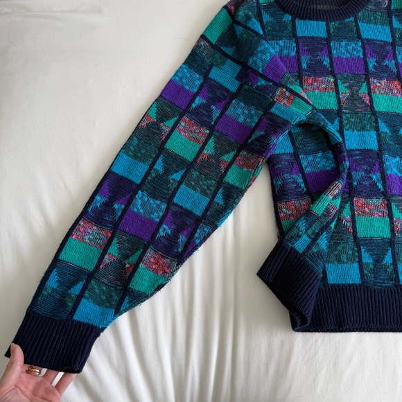 Vintage 80s Men’s Multicolored Patchwork Sweater - Picture 4 of 8